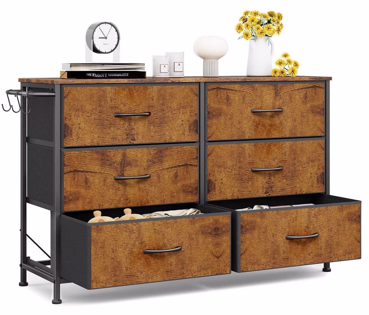 Comodino con 6 cassetti in tessuto, dimensioni 100x30x65 cm, stile rustico, colore marrone