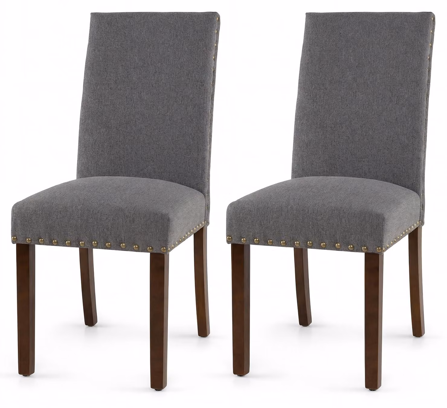 Set di 2 sedie da pranzo imbottite, ideali per la cucina o il soggiorno, con schienale ergonomico e gambe robuste in legno di gomma. Le sedie sono rivestite in tessuto e presentano dettagli decorativi a forma di testa di chiodo. Supportano un peso massimo