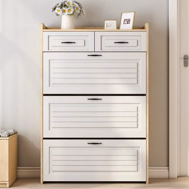 Scarpiera con Ante e Cassetti ¨C MINIMAL ¨C Legno, Bianco, 80x23.5x131 cm