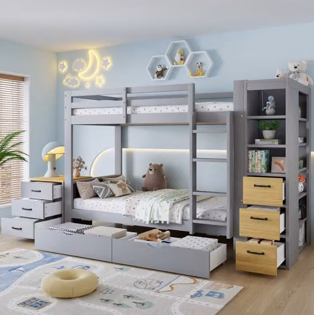 Letto a castello MODFU per bambini in legno e MDF bianco e grigio con 2 cassetti e scaffale laterale, L/P/H: 90 x 200 cm