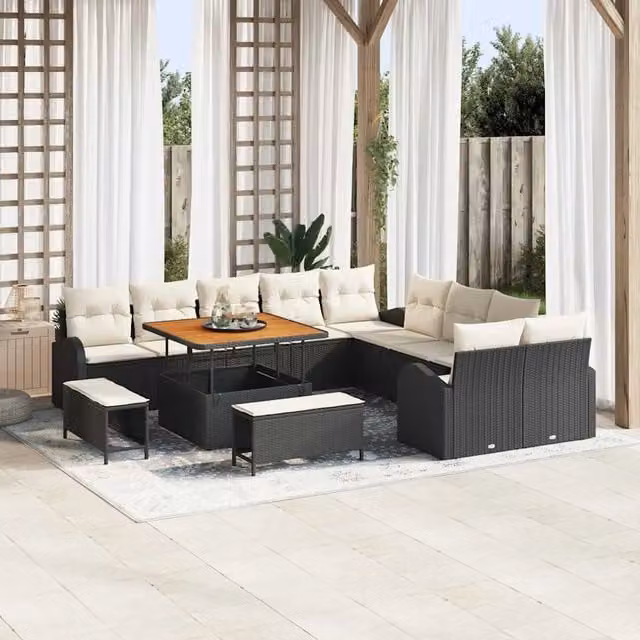 Set Divano da Giardino vidaXL a Forma di U con 13 Pezzi, Colore Nero e Beige – 1