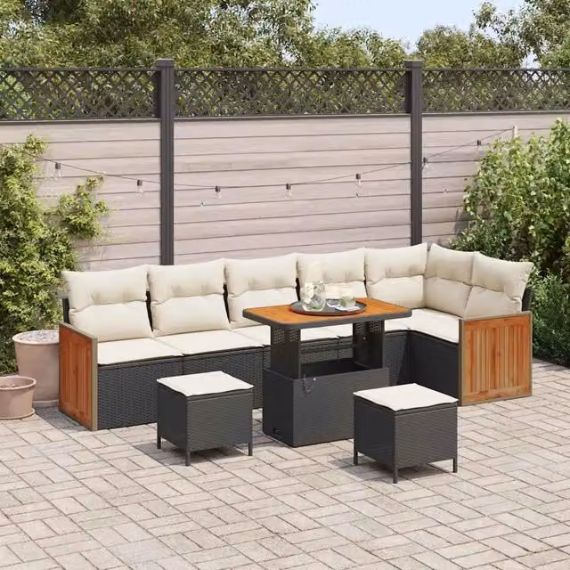 Set Divano da Giardino Moderno vidaXL in Rattan e Metallo con 9 Cuscini, Nero e Beige – 1