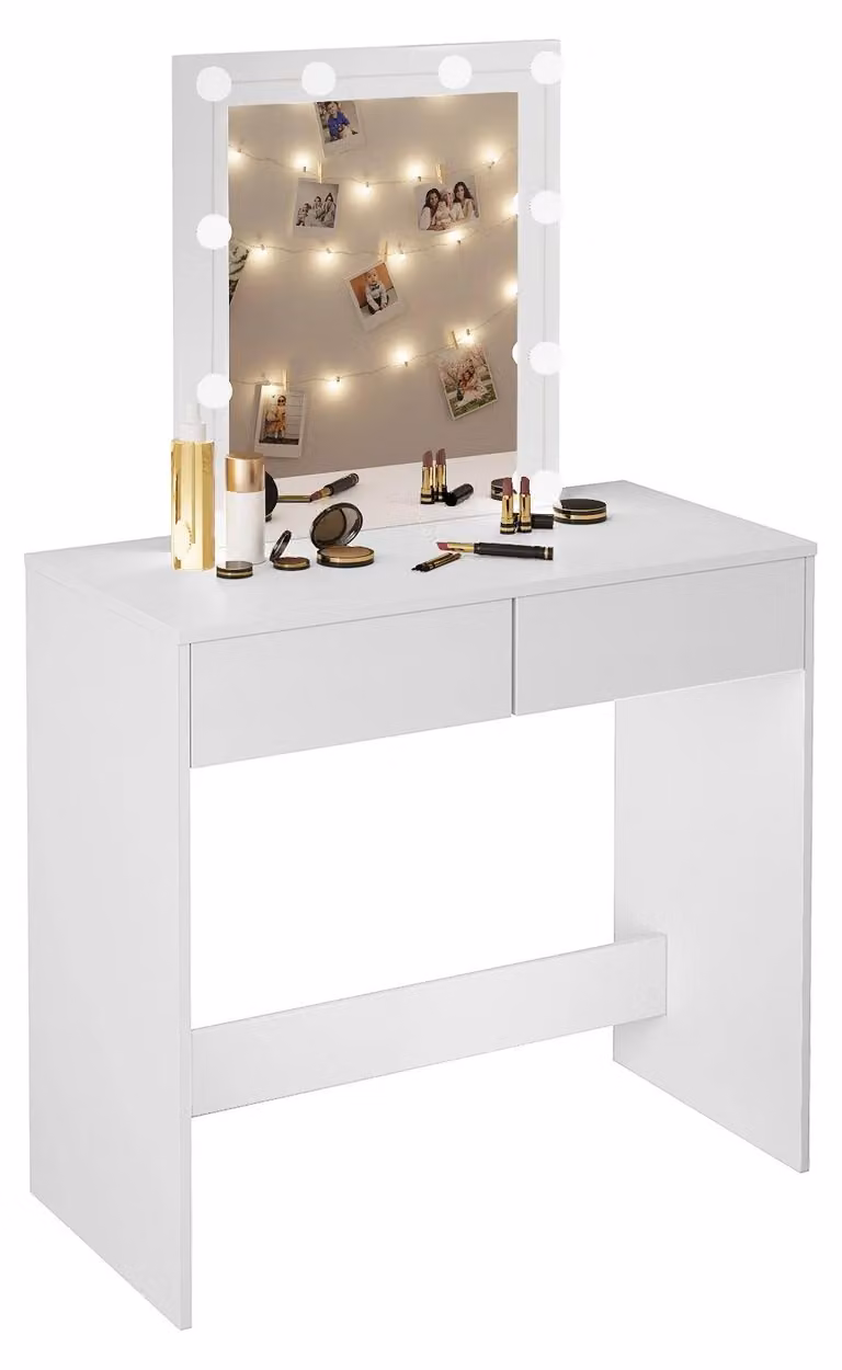 Tavolino da trucco con specchio, ideale per cosmetici e make-up, dotato di 10 luci LED dimmerabili, dimensioni 80x132,5x39,5 cm, con 2 cassetti