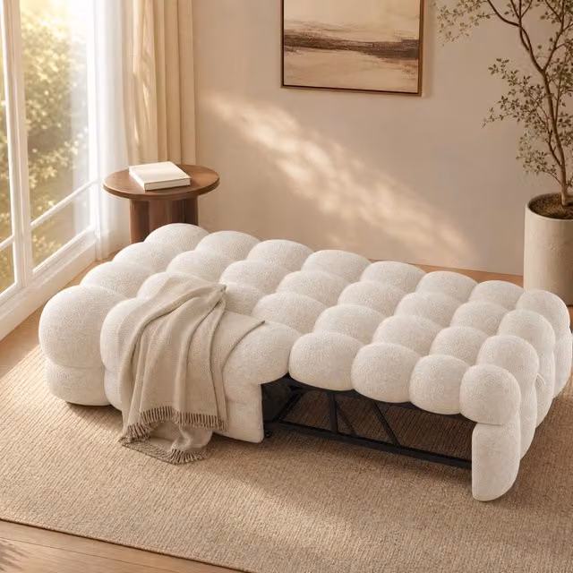 Letto singolo imbottito 2-in-1 con pouf estraibile in Bouclé beige, divano letto compatto