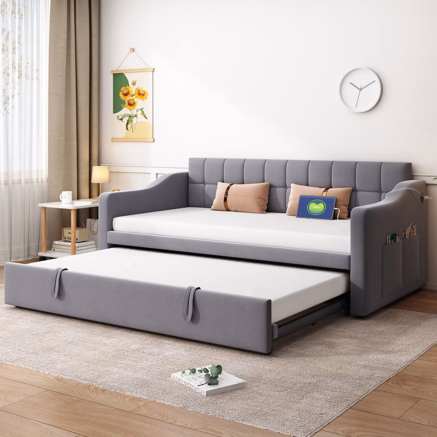 okwish Letto imbottito Divano letto 2 in 1, letto matrimoniale con divano letto, 90/180x190 cm, con cassetto e borsa portaoggetti, senza materasso, tessuto velluto, Grigio