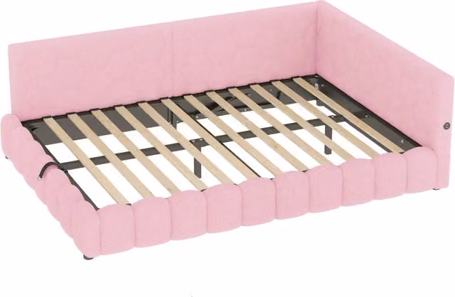 Divano letto daybed 140x200 cm con rete a doghe, luce LED, meccanismo idraulico, USB e Type-C, rivestimento in velluto sintetico rosa