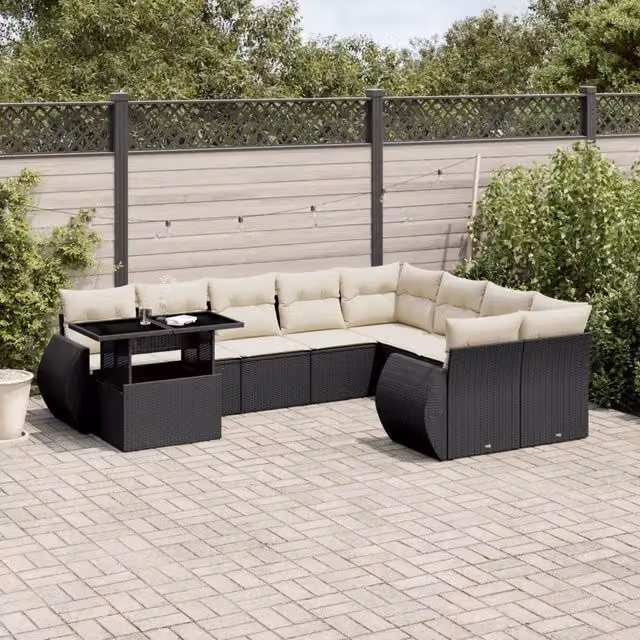 Set Divani da Giardino 10pz con Cuscini in Polyrattan Nero 3268766