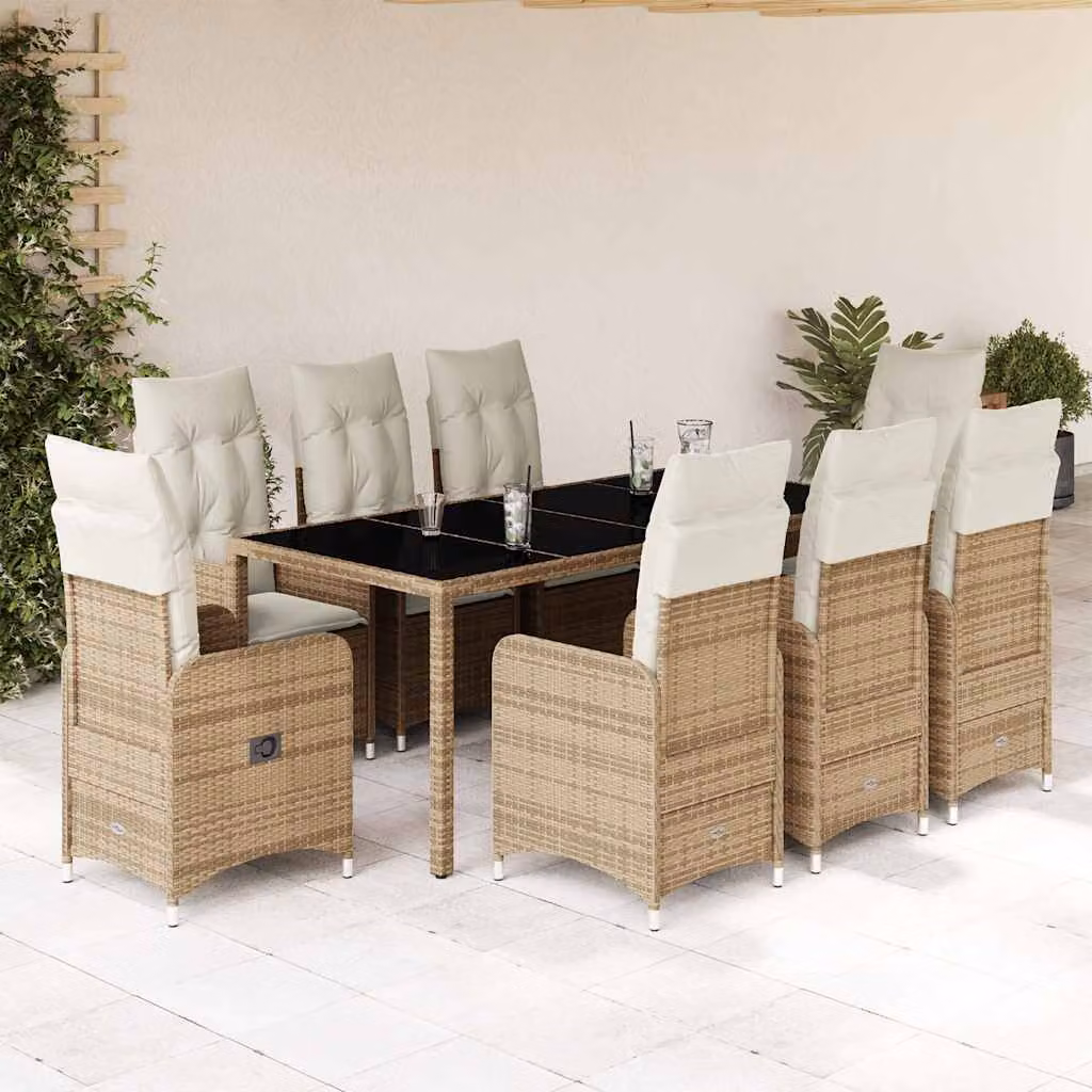 Set da Bistrò da Giardino vidaXL 9 pz in Polyrattan con Cuscini Beige e Piano in Vetro – 1