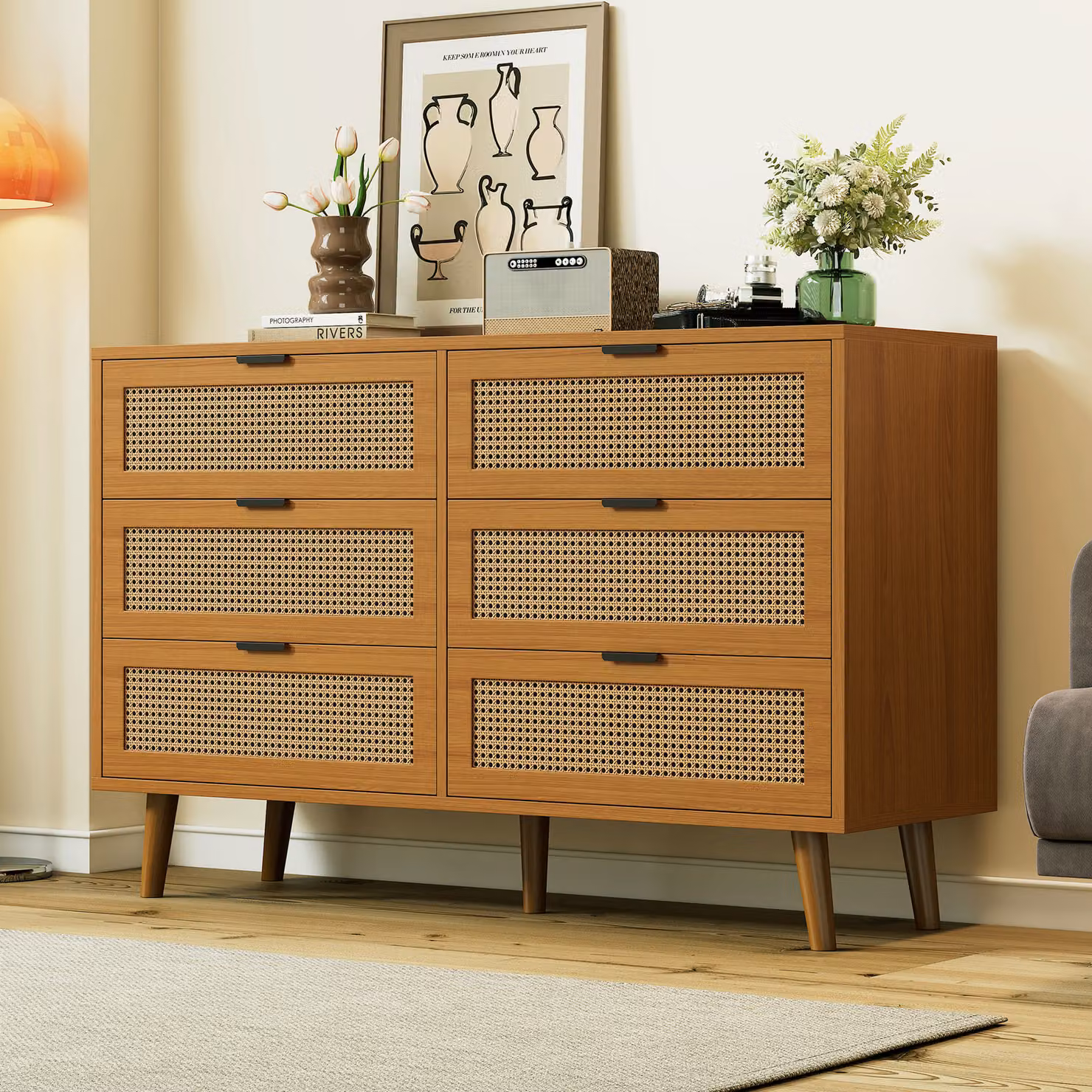 Cassettiera in rattan Flieks con 6 cassetti, cassettiera credenza con gambe in legno massiccio, credenza mobile da soggiorno, 120x40x76,5 cm, Noce