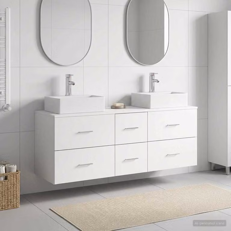Set di 3 armadi da bagno moderni vidaXL in legno e metallo bianco L/P/H: 129 x 41 x 79,5 cm