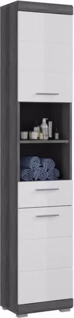 Colonna da bagno SCOTT – 2 porte e 1 cassetto – Grigio scuro e bianco – 37x191x31 cm