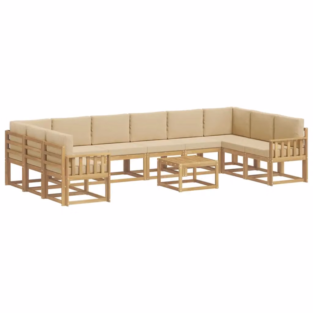 Set di divani da esterno vidaXL a forma di U composto da 11 pezzi in legno di acacia con cuscini in tessuto bianco e beige – 2
