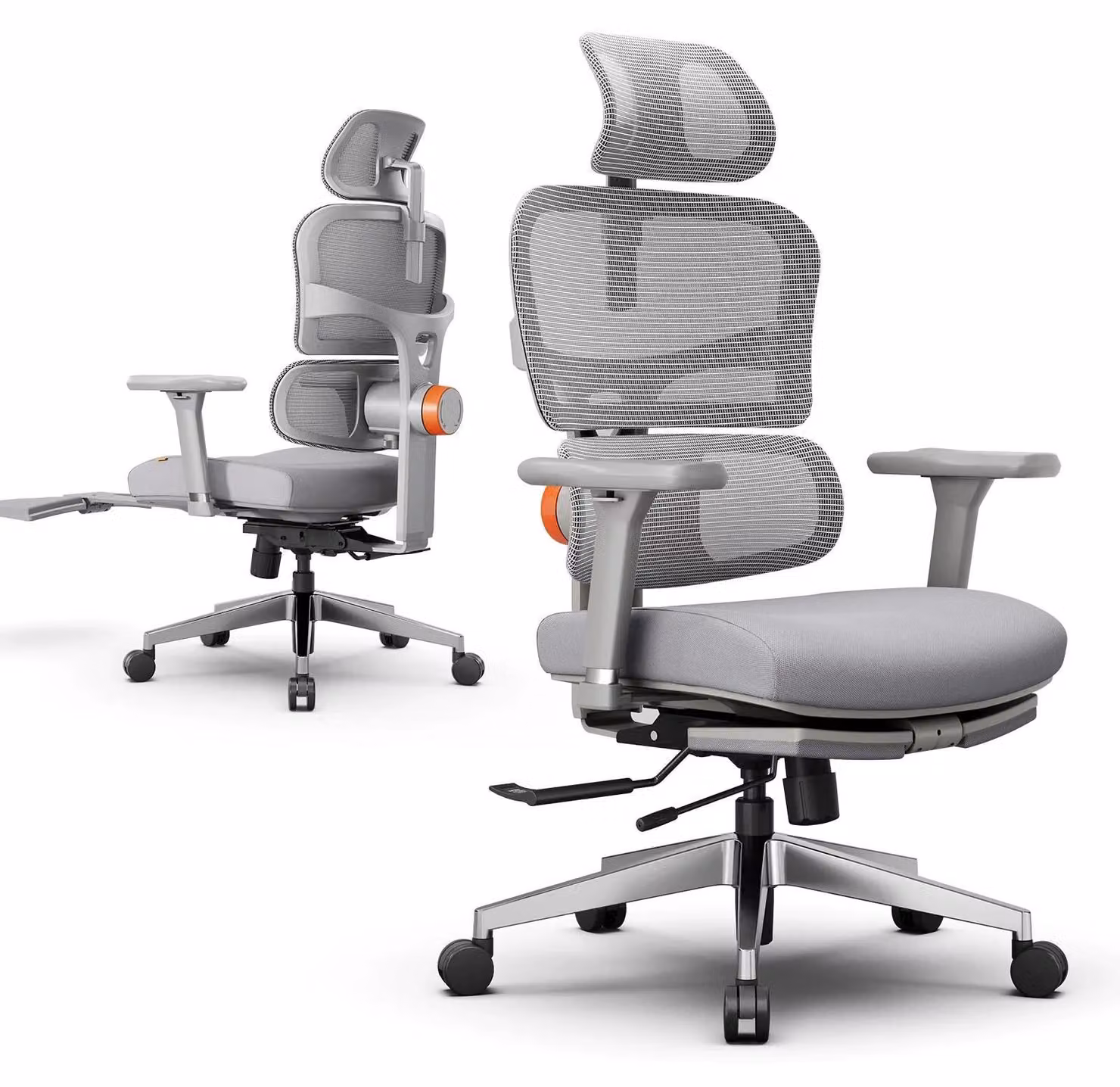 Sedia da ufficio ergonomica - Modello NT002 - Supporto lombare regolabile - Poggiapiedi e poggiatesta - Schienale regolabile in 4 posizioni - Rotella e base girevole - Rivestimento in tessuto grigio