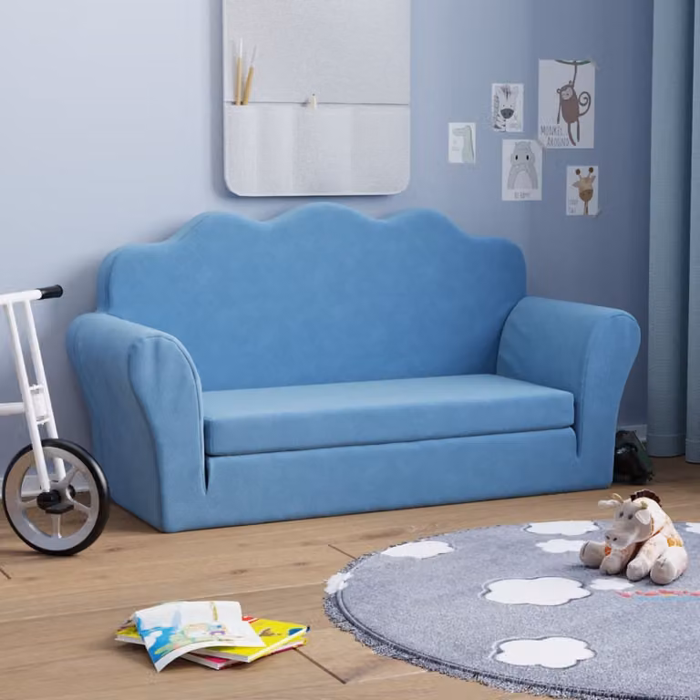 vidaXL Divano Letto per Bambini a 2 Posti Blu in Morbido Peluche L: 140 cm, P: 94 cm, H: 48 cm