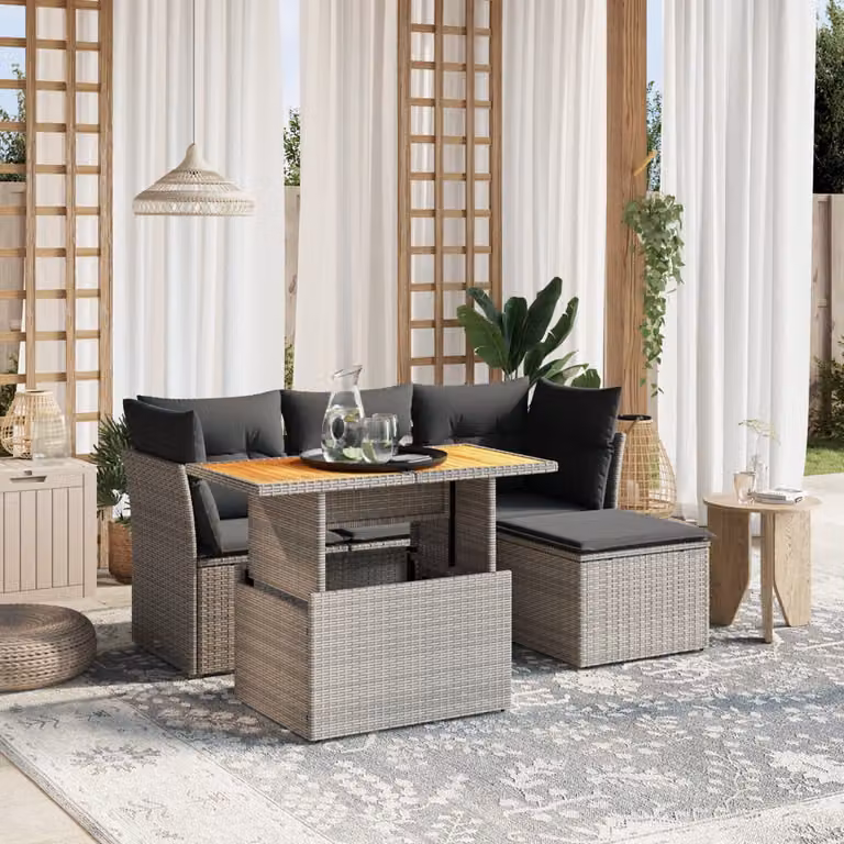vidaXL Set Divano da Giardino 6 pz in Polyrattan Grigio con Cuscini e Tavolino