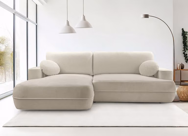 AX LIVING Divano angolare con funzione letto Peoni 267 cm beige con contenitore L