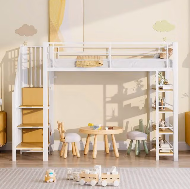 Letto a soppalco ULEVR 90x200 cm con scala contenitore, piccolo guardaroba e ripiani, bianco