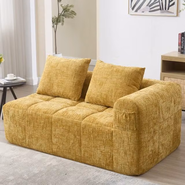 Divano Chaise Longue REDOM in tessuto giallo con cuscini e tasche laterali L/P/H: 158 x 90 x 60 cm