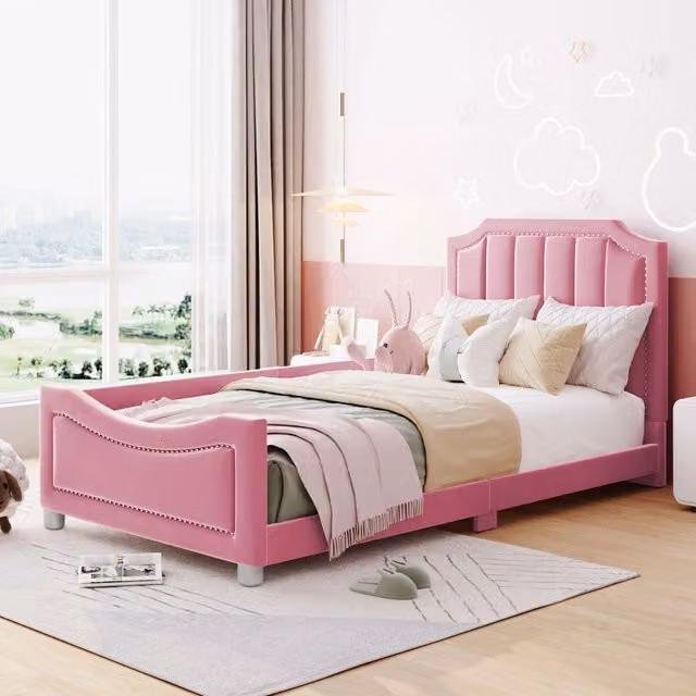 Letto singolo per bambini OKWISH in flanella rosa con schienale e braccioli, L/P: 90 x 200 cm