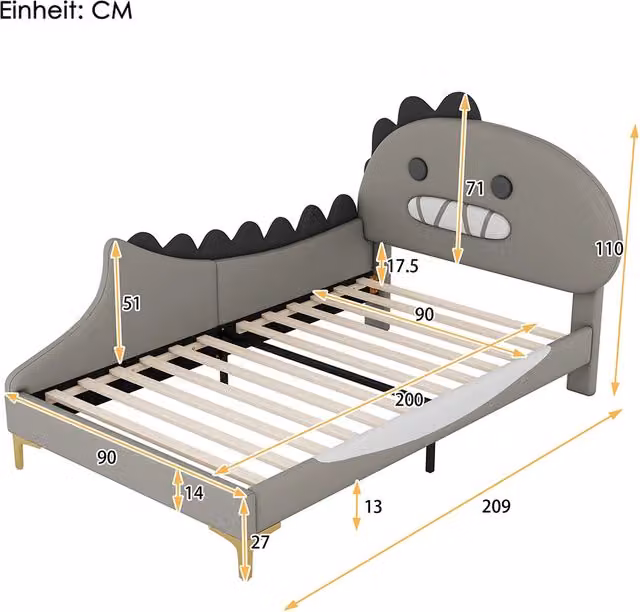 Letto per bambini 90x200 cm - Xylo - Grigio, materiale PU, design Dinosauro