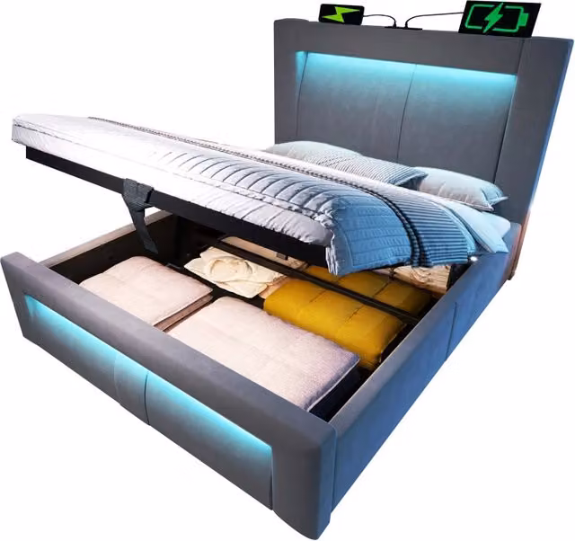 Letto singolo 90x200 cm con contenitore idraulico; LED; USB e materasso; velluto grigio