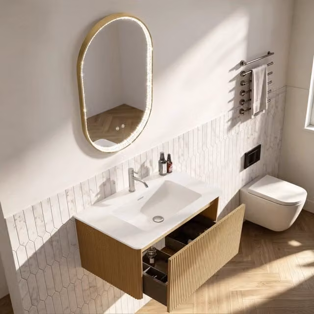 Set mobile bagno sospeso con lavabo integrato e specchio LED ovale