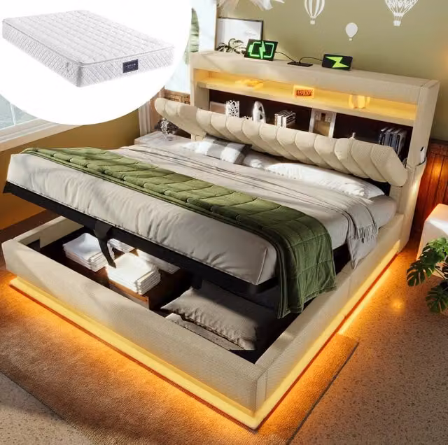 Letto matrimoniale ULEVR 140x200 cm con materasso, contenitore idraulico, LED, USB e Type-C, rivestimento beige in lino
