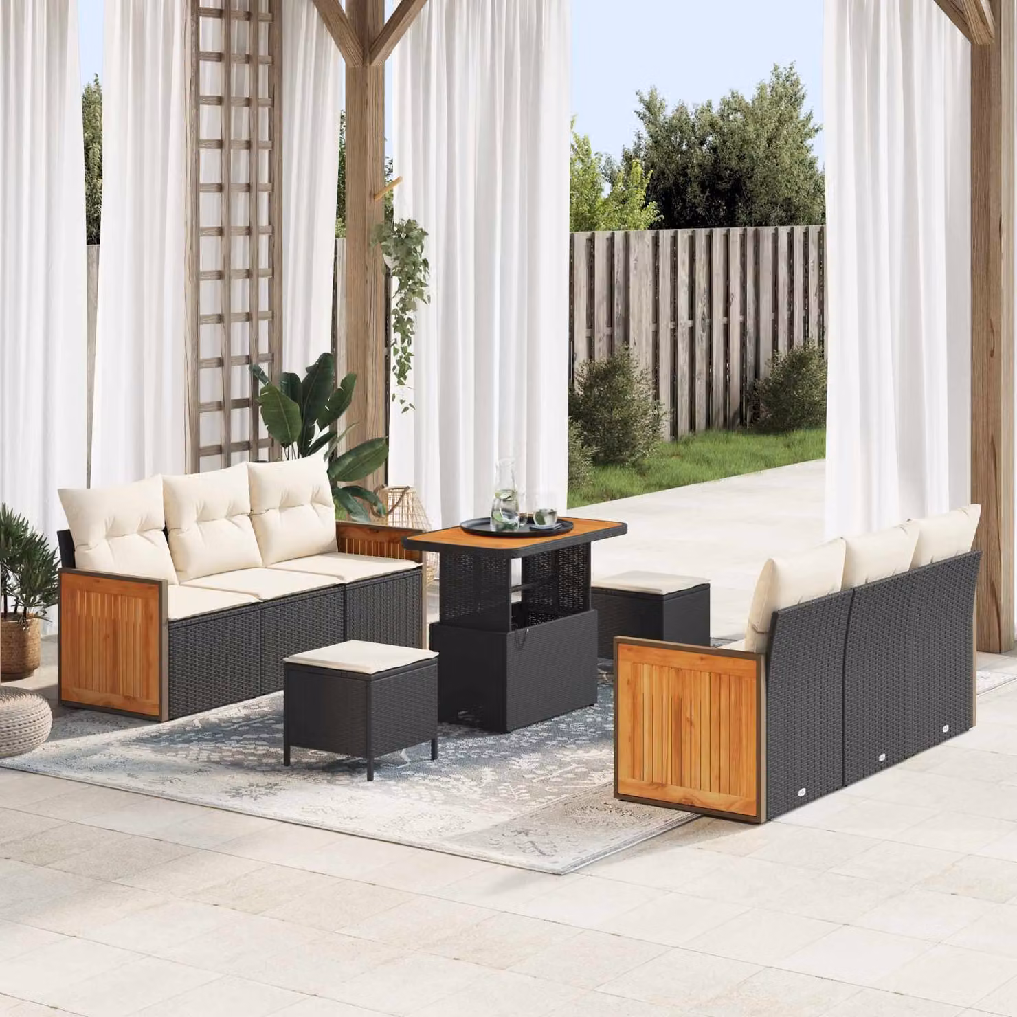 vidaXL Set Divano da Giardino Moderno a Forma di U con 9 Pezzi, Nero e Beige – 1