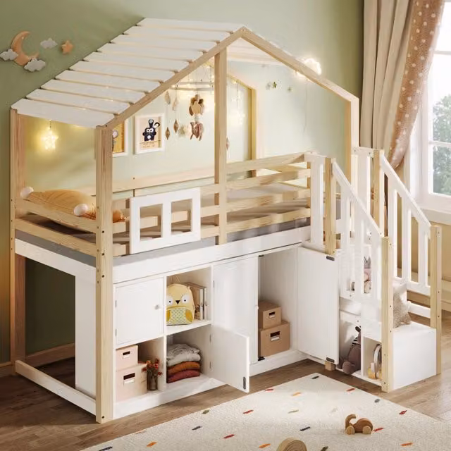 Letto a soppalco per bambini 90 × 200 cm con barriere, scala contenitore e vani, senza materasso, bianco naturale