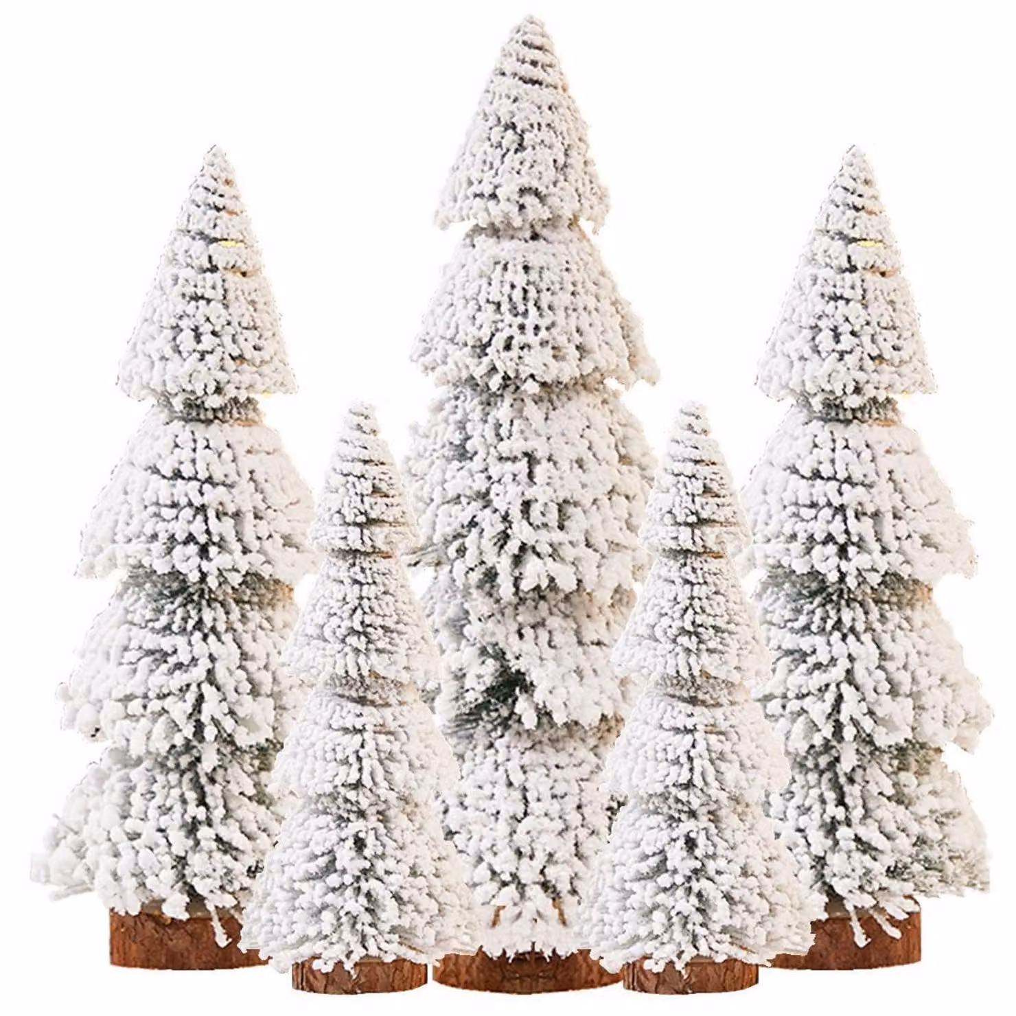 Alberi di Natale in miniatura, artificiali, confezione da 5 pezzi, altezza 15/20/25 cm, color verde, con base in legno, ideali per la decorazione della tavola