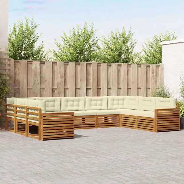 Set di divani da esterno a L vidaXL in legno di acacia con cuscini beige e bianco, 9 pezzi