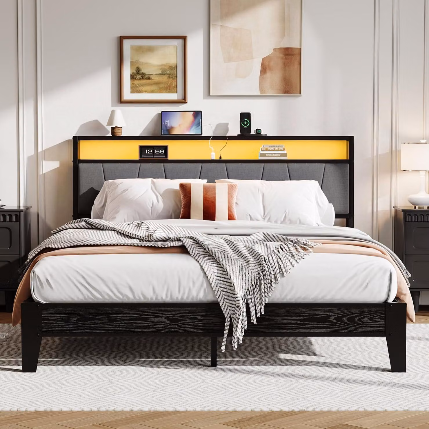 Letto IRONCK 160x200 con illuminazione LED, base di ricarica e testiera imbottita