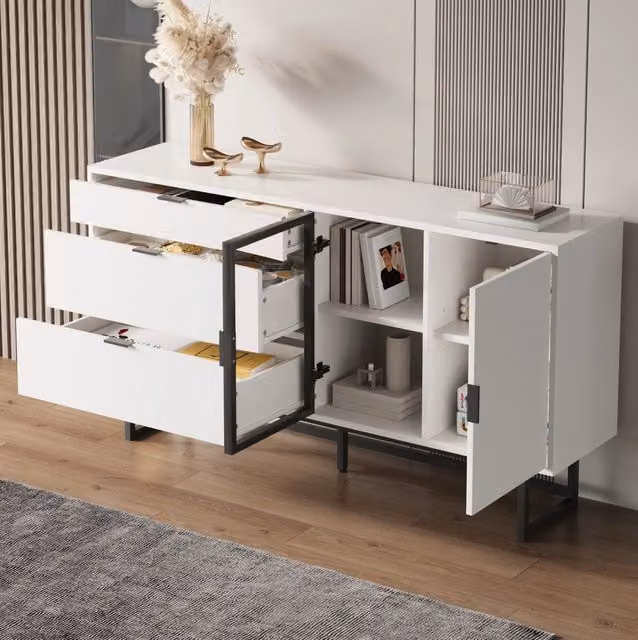 Sideboard moderno con vetrina in vetro, illuminazione LED integrata e 3 cassetti, bianco opaco, L: 160 cm, P: 36 cm, H: 78 cm