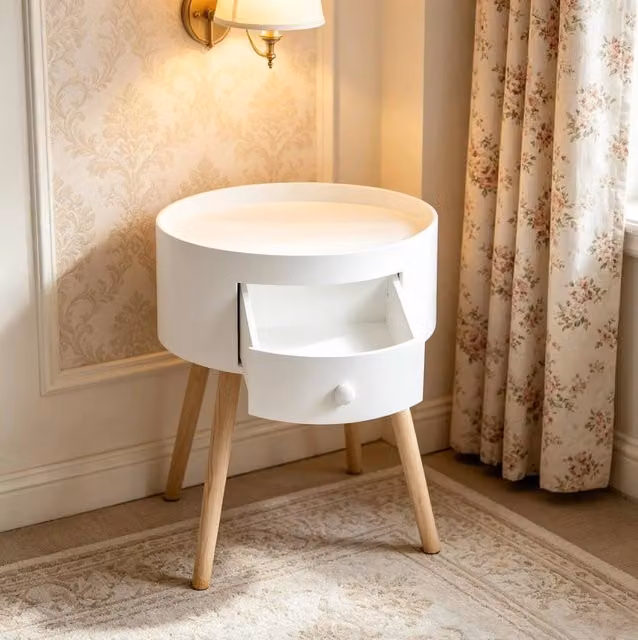 Comodino Rotondo con Cassetto in MDF e Legno Massello, 38x38x45 cm, Colore Legno Chiaro e Bianco