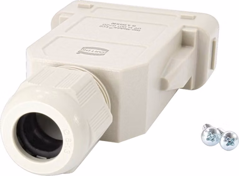 HARTING Han Modular ECO Alloggiamento di accoppiamento, 1 uscita cavo diritta, per 2 morsetti (nella parte superiore) Intervallo di serraggio 6,0 mm -