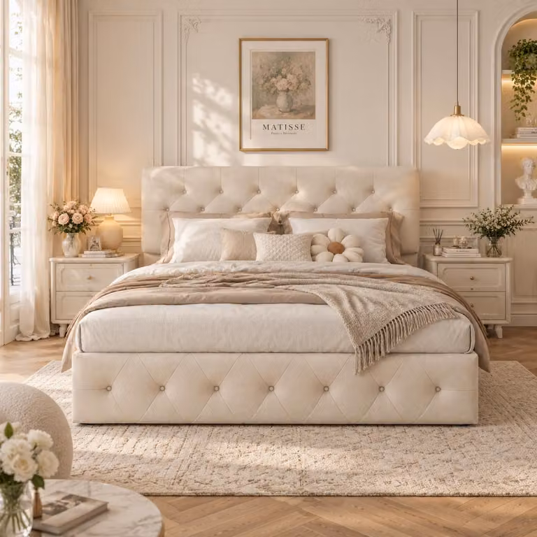 Letto imbottito INONEFT, 140x200 cm, con spazio contenitore, sistema di sollevamento idraulico, letto per ragazzi con poggiatesta regolabile in altezza, rivestito in velluto, colore crema-bianco