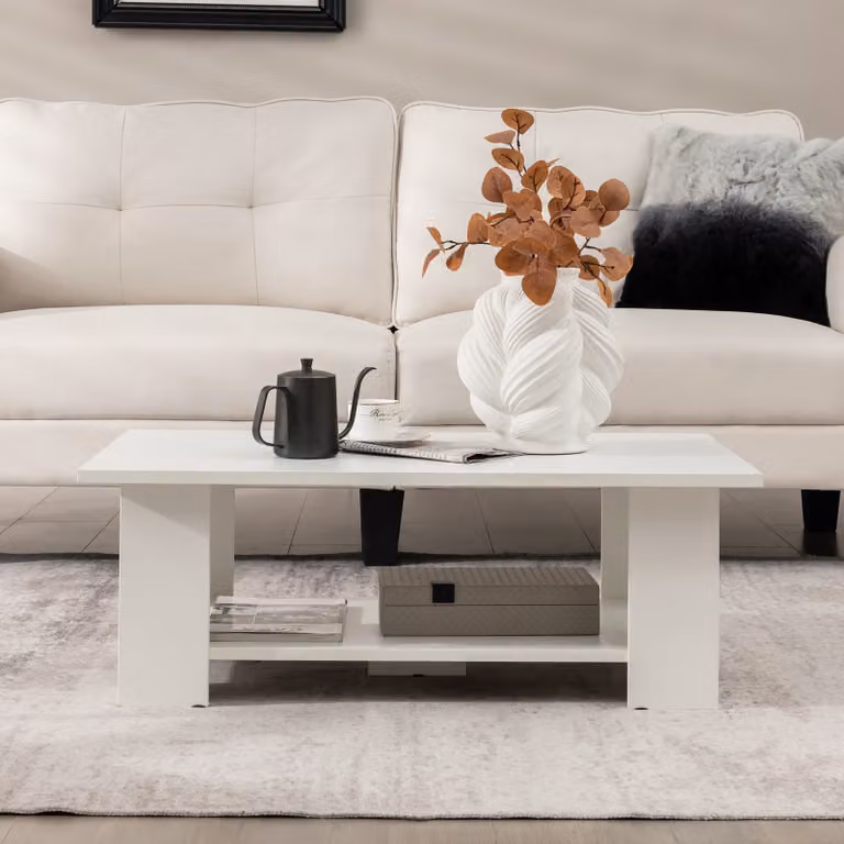 Tavolino in legno a 2 livelli COSTWAY, tavolo da soggiorno moderno, tavolino con capacità di carico fino a 125 kg, 90 x 52 x 32 cm, bianco