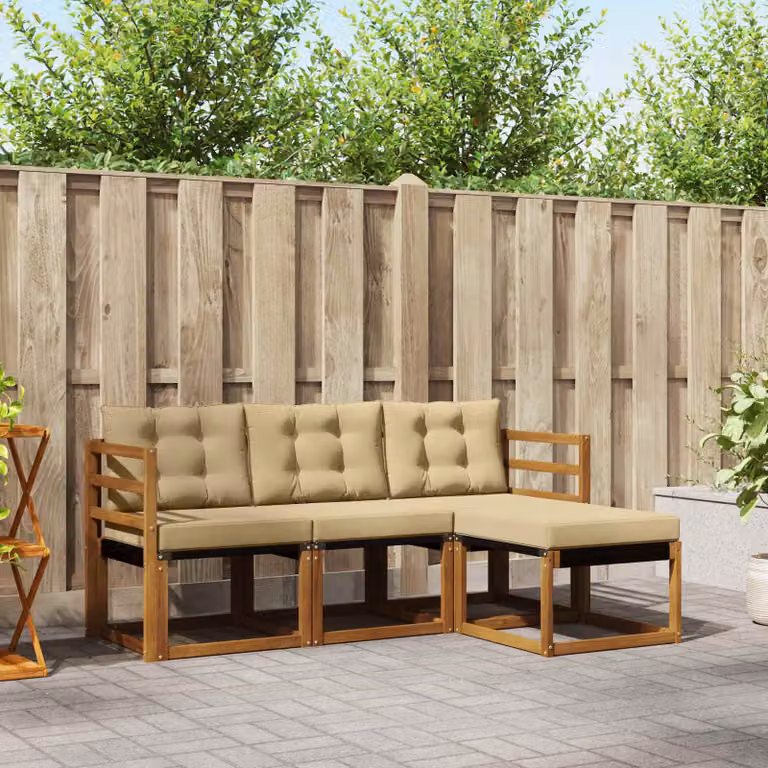 Set di divani da esterno vidaXL a forma di L in legno di acacia con cuscini e pouf, colore marrone e beige