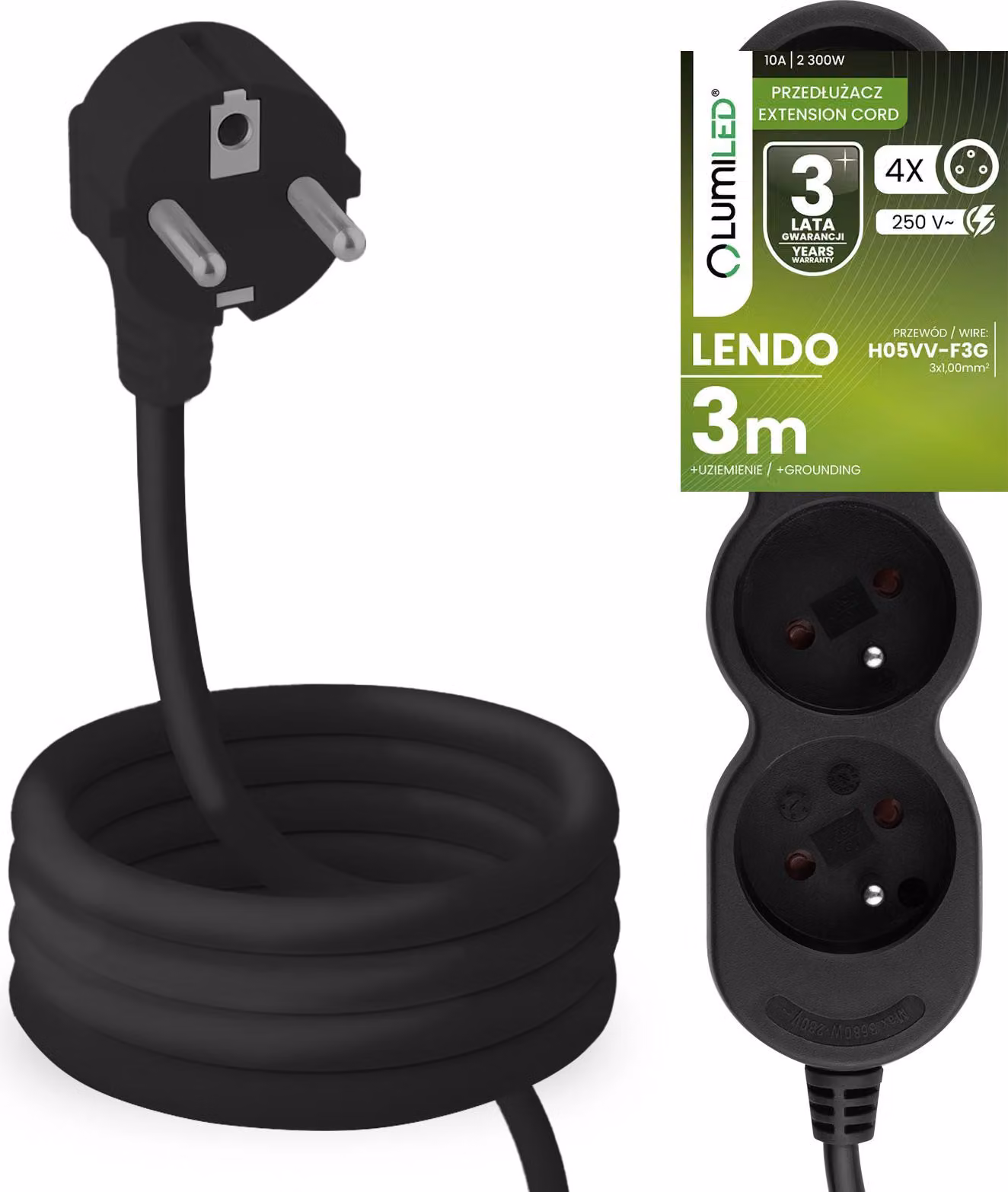 Presa multipla LUMILED Presa multipla 4 volte tipo E, cavo 3m H05VV-F3G nero Presa multipla E 10A 2300W 250V IP20 Staffa per sospensione