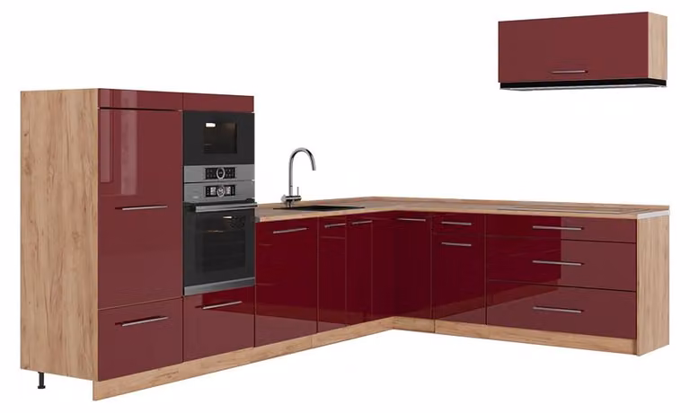 Cucina angolare completa Vicco Fame-Line Bordeaux lucido/Rovere dorato 327 x 227 cm, PL Rovere, Model 64401