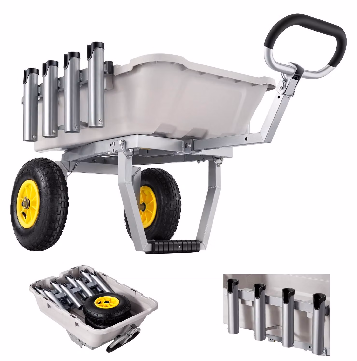 Carrello pieghevole SucceBuy per la pesca, con una capacità di carico di 90,7 kg, dotato di pneumatici adatti a tutti i terreni, telaio in alluminio e 8 portacanne. Carrello versatile per il trasporto, ideale per la pesca, il campeggio, la spiaggia e le a