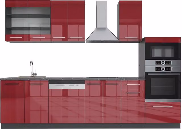 Cucina componibile Vicco Fame-Line Bordeaux lucido e Antracite con armadio alto, L: 300 cm