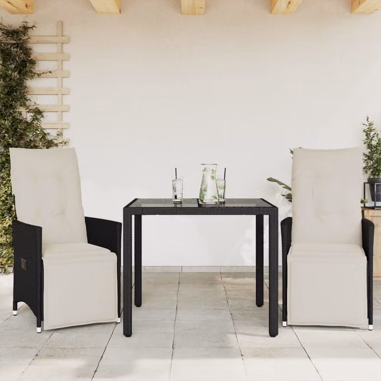 Set da Bistrò 3 pz vidaXL in Polyrattan Nero con Cuscini e Piano in Vetro