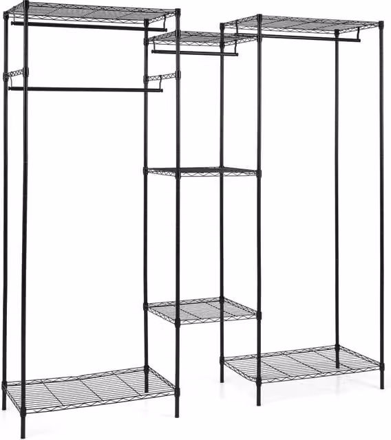 Stand appendiabiti convertibile in metallo nero con 7 ripiani regolabili e 4 bastoni, portata 530 kg