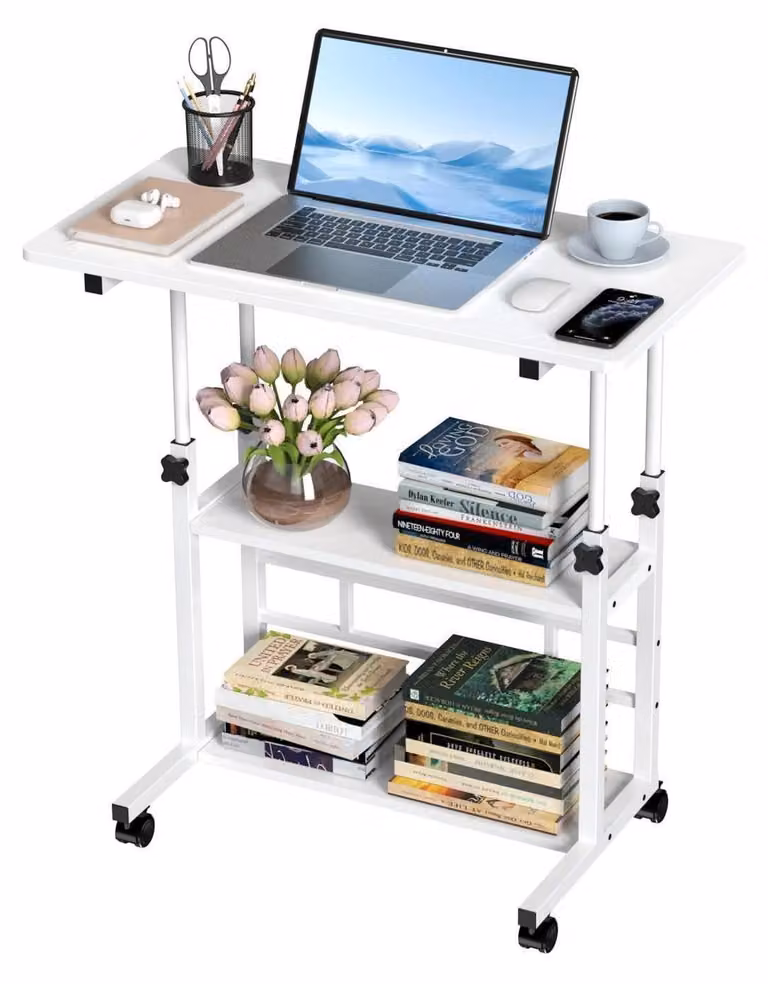 Scrivania per computer con rotelle, regolabile in altezza da 74,5 a 95,5 cm, dimensioni 80x40 cm, colore bianco