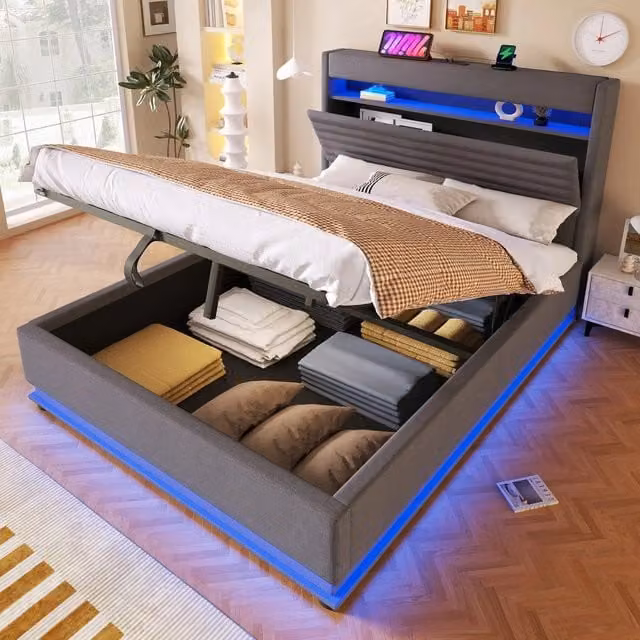 Letto Imbottito Contenitore con LED e USB ¨C MINIMAL ¨C Tessuto Grigio 140x200