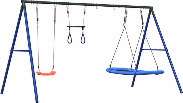 Set Gioco da Esterno con Altalena Trapezio e Altalena Nido CFW4341501 in Metallo e Polipropilene, H: 185 cm, L: 341 cm, P: 185 cm