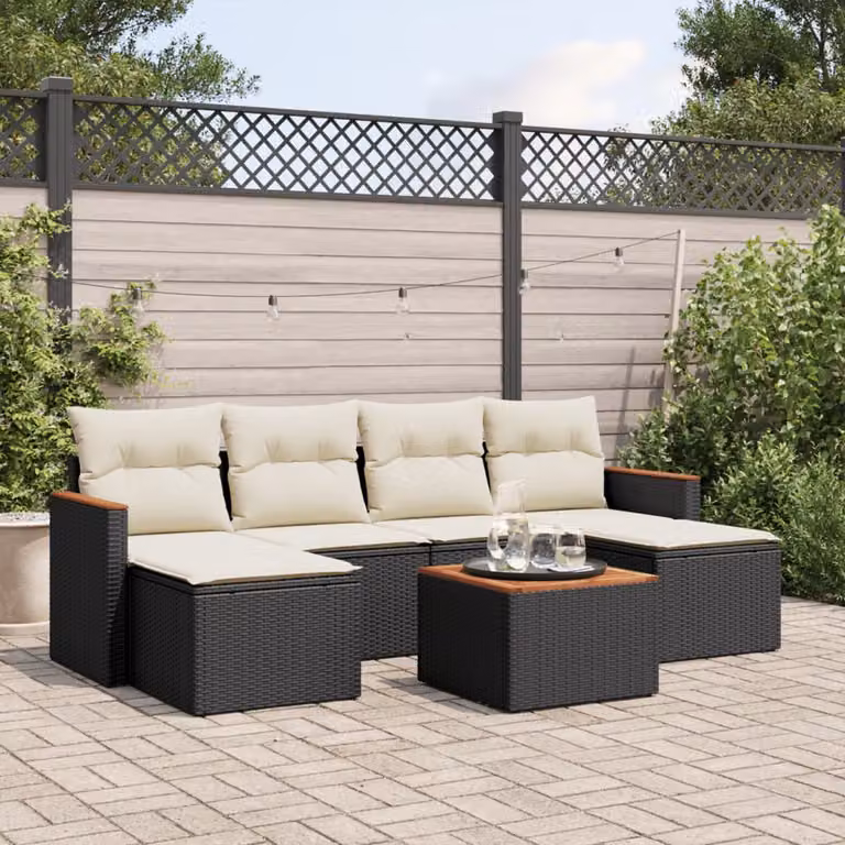 Set di divani da giardino vidaXL a forma di L con cuscini e tavolino, 7 pezzi, Polyrattan nero e bianco