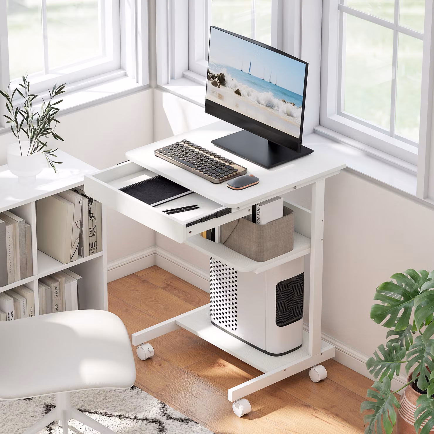 Scrivania per computer HOMCOM bianca con ruote, cassetto, compartimento e supporto CPU, L: 56 cm, P: 51 cm – 2