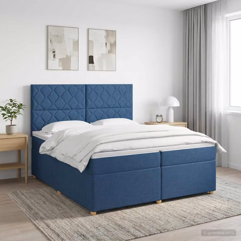 Letto box spring con materasso ibrido vidaXL in tessuto blu e bianco L/P: 200 x 200 cm